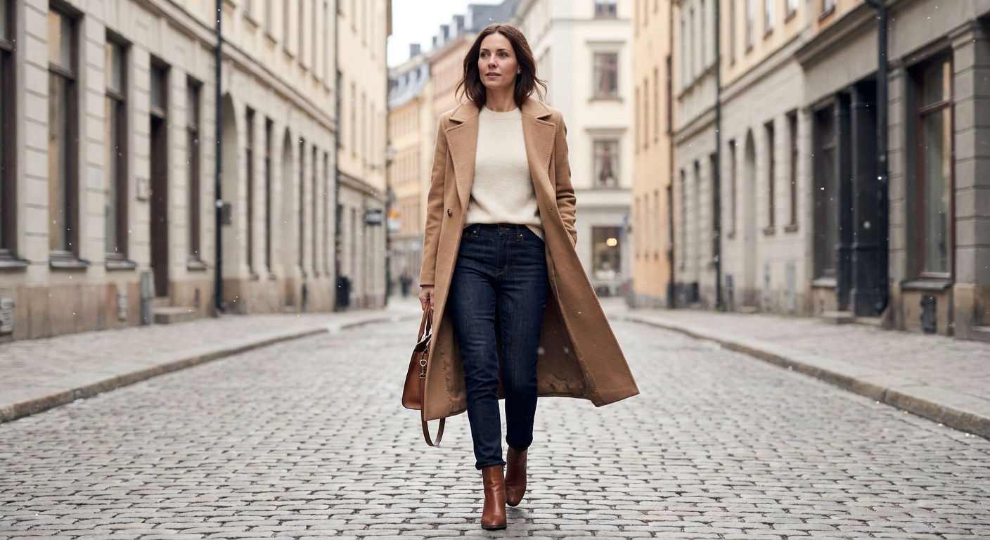 Winter layering outfit with camel overcoat